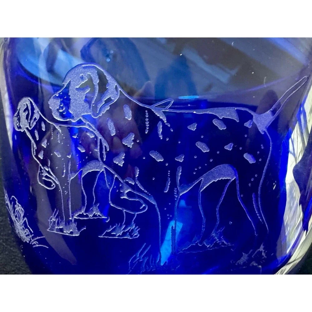 Arnold Larson Signed Cobalt Blue Etched Glass Bowl Hunting Dogs Pointers 7